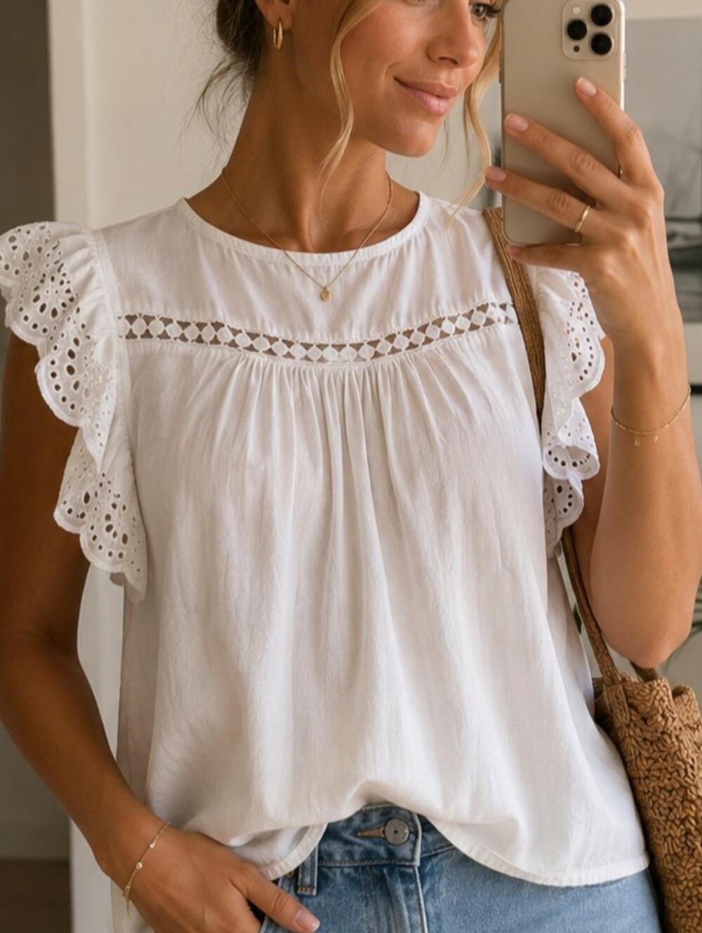 Women’s White Eyelet Flutter Sleeve Blouse